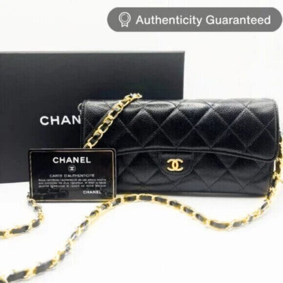 Authentic CHANEL CC Classic Caviar Flap Wallet Quilted Leather Chain Purse Black - Picture 1 of 16